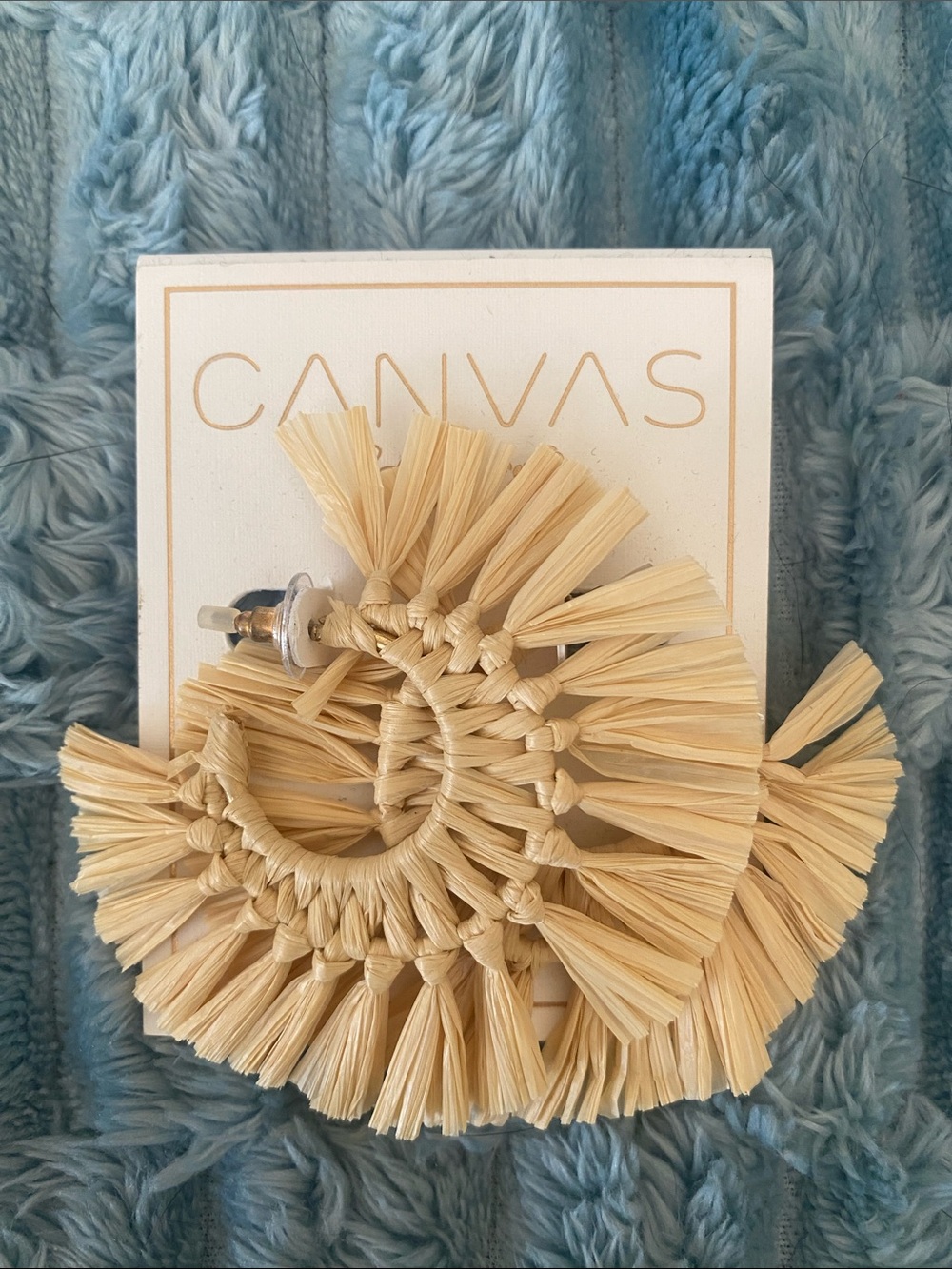 Canvas Natural Cream Raffia Fringe Hoop Earrings NWT